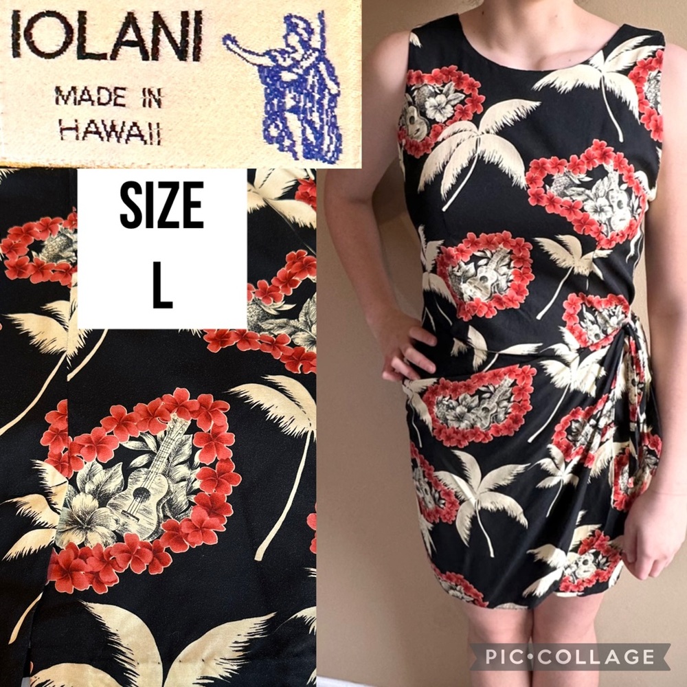 Iolani Womens Dress Hawaiian Black Floral Ukulele Faux Wrap Knee Length USA Sz L